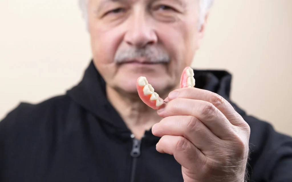 picture of a man holding removable dentures